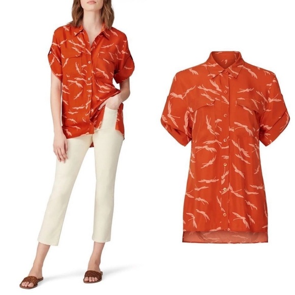 Equipment Viscose Orange Feather Print Resort Vacation Top Button Down Sz XL - Picture 2 of 10